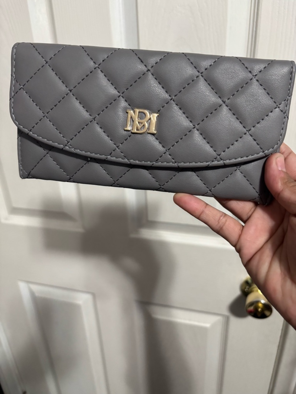 Quilted Gray Wallet Clutch with Gold Logo